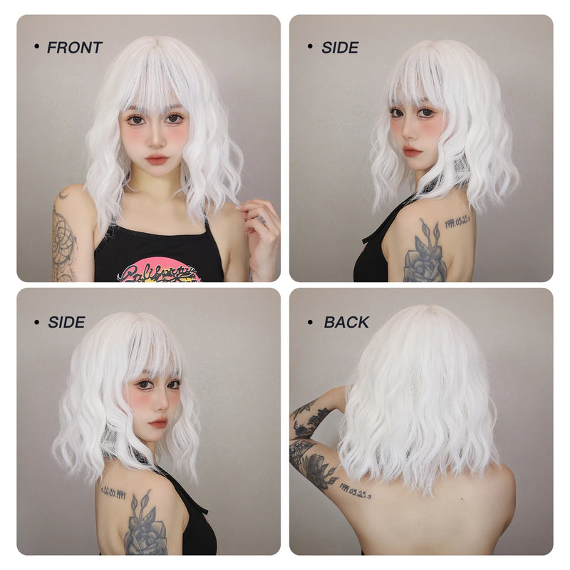 Short Curly Wavy White Synthetic Wig White Lolita Hair Wig with Bangs for Women Natural Cosplay Party Halloween Heat Resistant