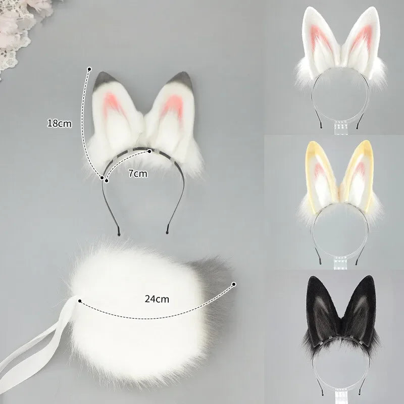 Furry Bunny Ears Headband Lolita Realistic Tail Set Cute Plush Cosplay Animal Tail Props Party Animal Tails Cosplay Costume