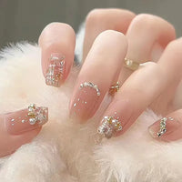 24Pcs Pink Cat Eye Press On Nails – Short Ballet French Style with Bow & Star Designs