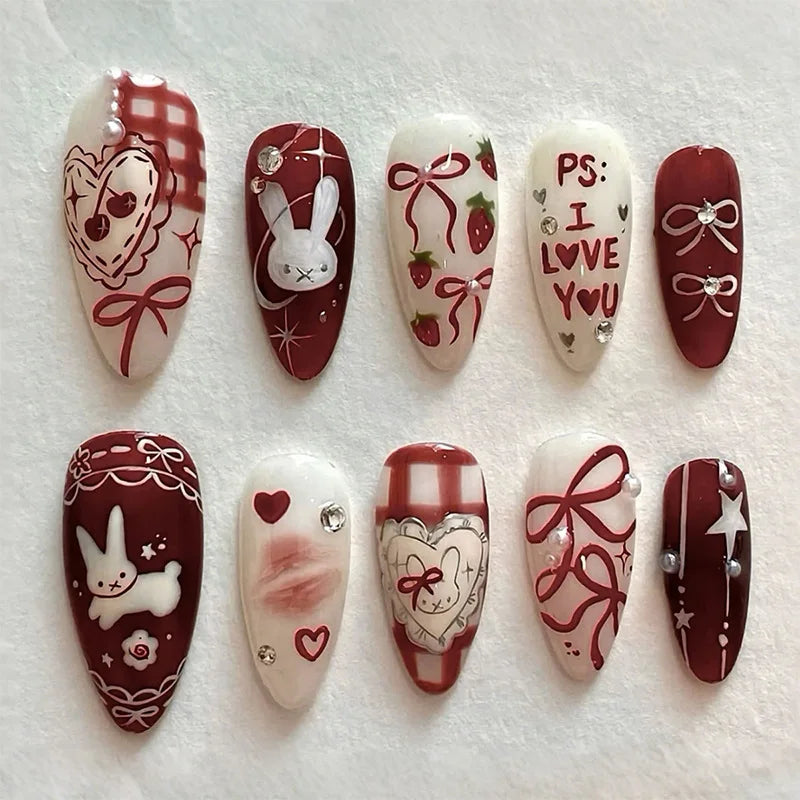 24PCS Wine Red Almond Press-On Nails – Cute Rabbit Bow Plaid Pearl French Fake Nails