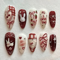 24PCS Wine Red Almond Press-On Nails – Cute Rabbit Bow Plaid Pearl French Fake Nails
