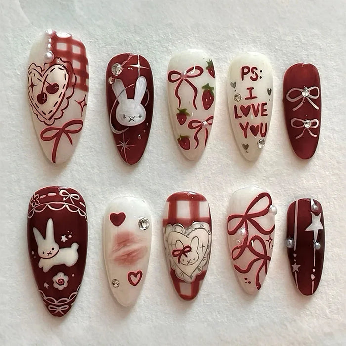 24PCS Wine Red Almond Press-On Nails – Cute Rabbit Bow Plaid Pearl French Fake Nails