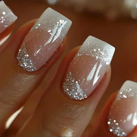 24Pcs Medium Short Square False Nails Glittering Nail Art White Wearable Fake Nail Silver French Full Cover Press on Nail Tips