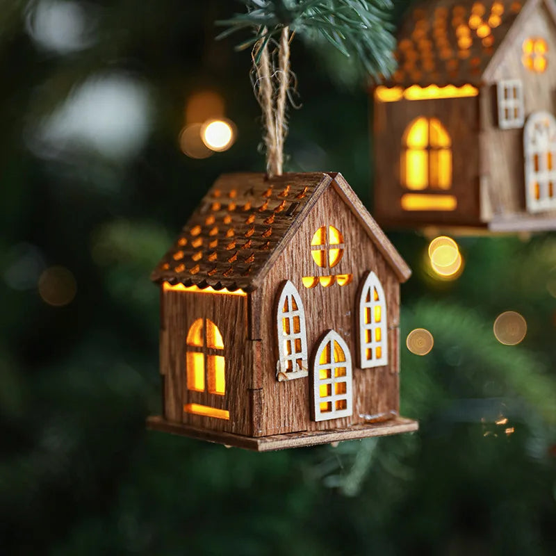 Christmas LED Light Wooden House Luminous Cabin Christmas Decorations Home Decor Night Lamp Pendant Prop LED Candle Gift