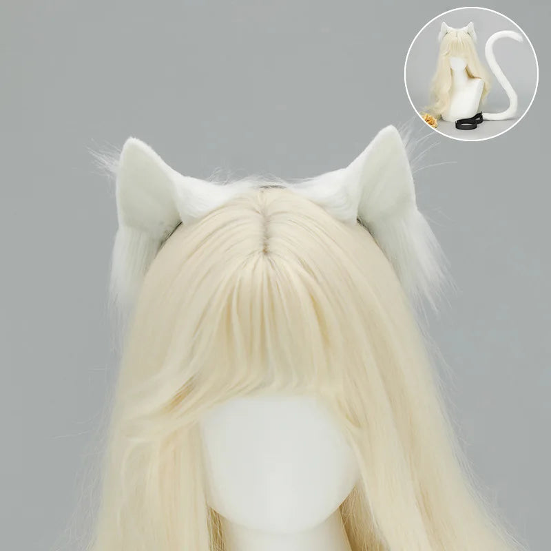 Handmade Plush Cat Ear Headband & Tail Set – Realistic Animal Cosplay Kit for Anime, Halloween & Furry Events