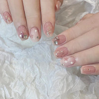 24Pcs Pink Cat Eye Press On Nails – Short Ballet French Style with Bow & Star Designs