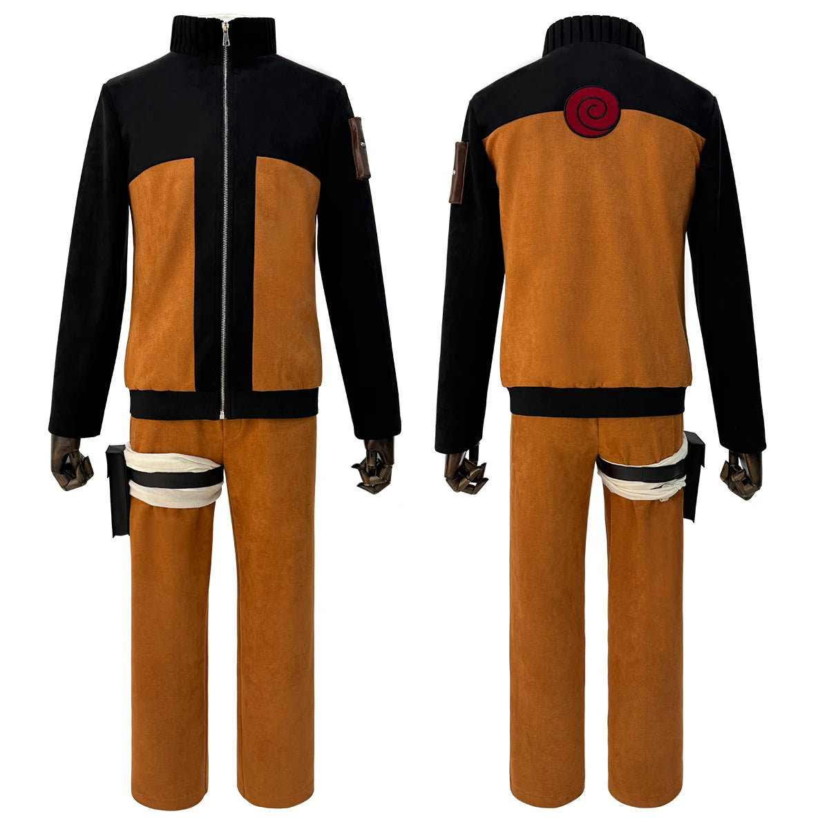 Cosplay costume with black and brown design on a white background