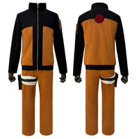 Cosplay costume with black and brown design on a white background