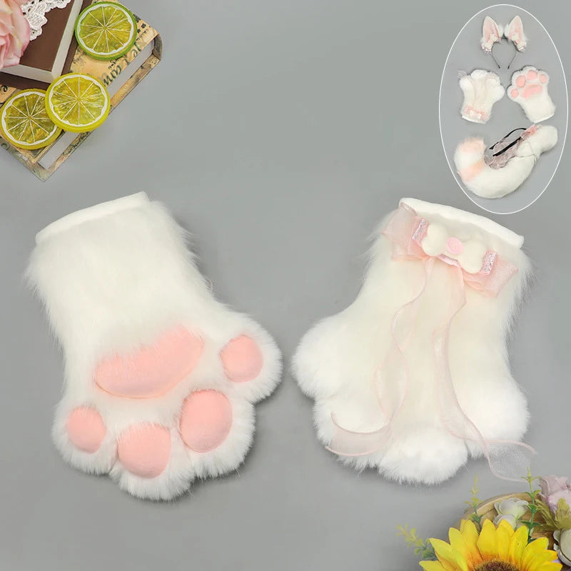 Hand-made Realistic Fluffy Fox Ear Headwear Faux Fur Wolf  Tail Plush Cat Claw Gloves Lolita Anime Exhibition Cosplay Props