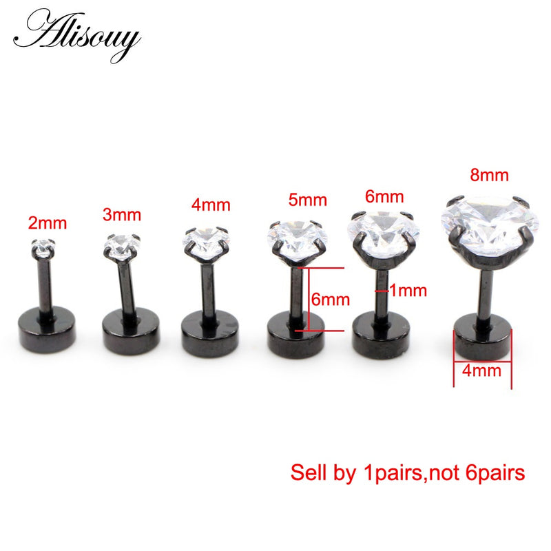 Alisouy 2pcs Stainless steel Unisex Women Men Round Crystal Zircon Ear Studs Earrings  4 Prong Tragus Cartilage Piercing Jewelry