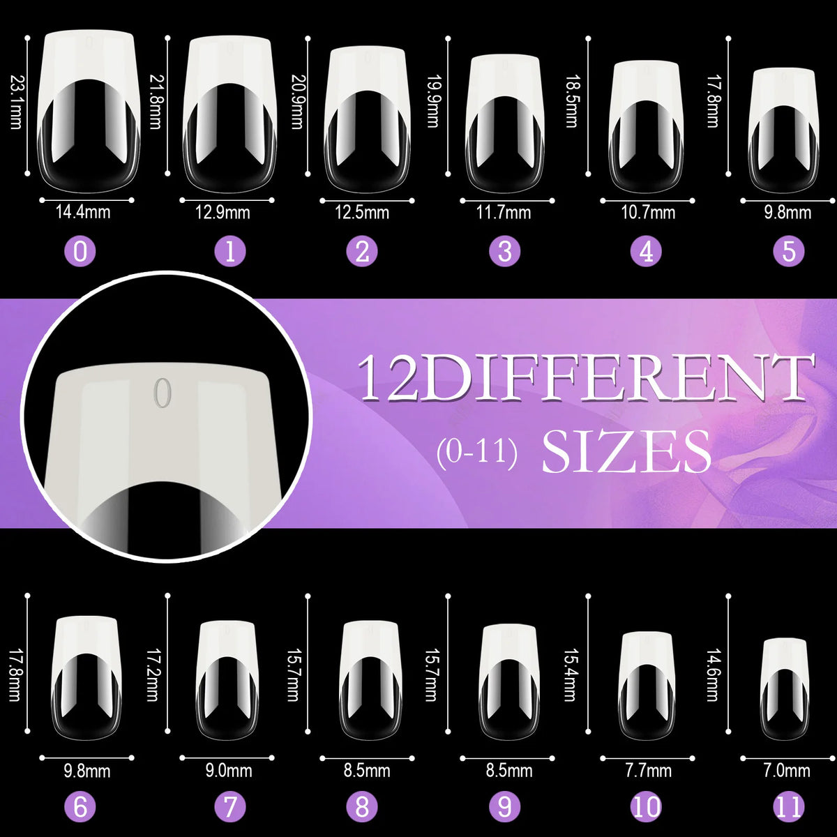 120PCS Acrylic French Press On Nails Medium Square Full Cover Nail Tips – Mixed Sizes, Removable False Nails