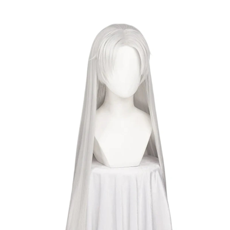 100cm Long Silver Grey Cosplay Wig – Styled Heat-Resistant Synthetic Hair with Wig Cap for Costume & Party