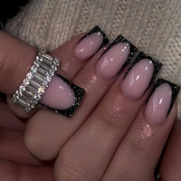 24Pcs Medium Short Square False Nails Glittering Nail Art White Wearable Fake Nail Silver French Full Cover Press on Nail Tips