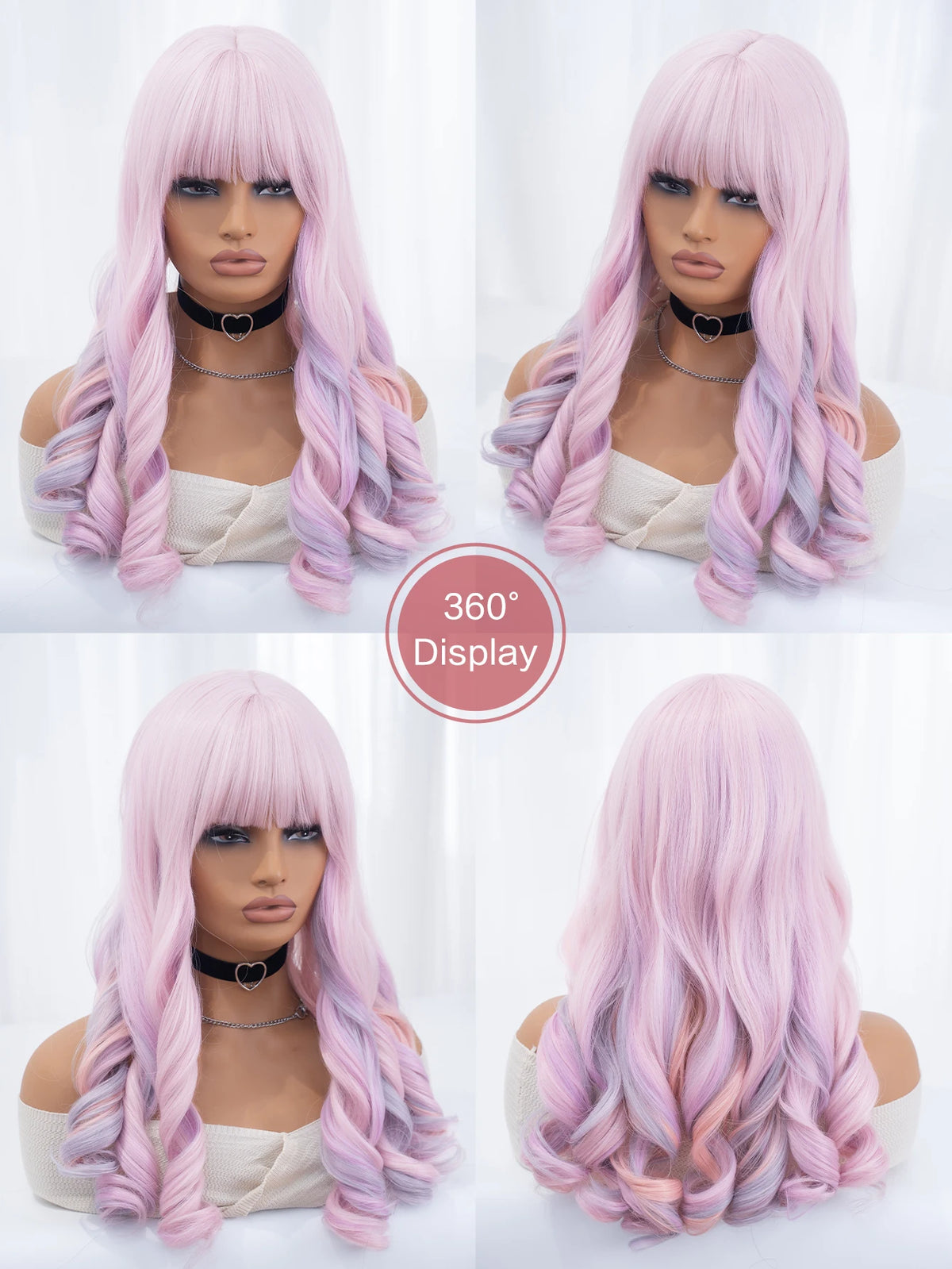 22Inch Cherry Blossom Pink Color Synthetic Wigs With Bang Long Natural Curly Hair Wig For Women Cosplay Party Heat Resistant