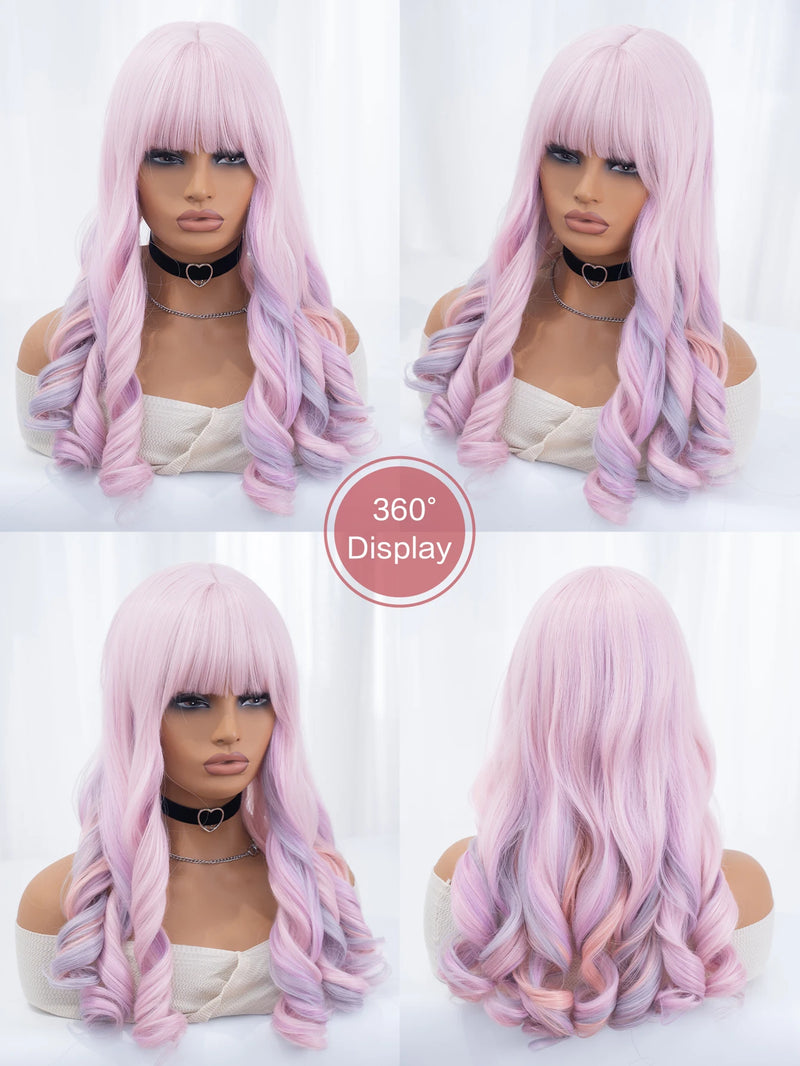 22Inch Cherry Blossom Pink Color Synthetic Wigs With Bang Long Natural Curly Hair Wig For Women Cosplay Party Heat Resistant