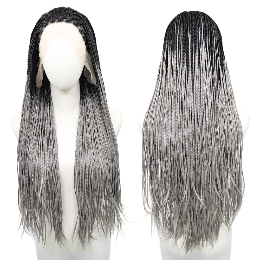 28Inch Pink Highlight Box Braided Wigs for Women Knotless Goddess Box Braid Lace Front Wig Colored Crochet Braid Synthetic Wig