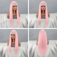 Pink Wigs with Bangs for Women Long Straight Pink Wig Colorful Synthetic Wig Natural Looking Hair Wigs for Daily Party Cosplay