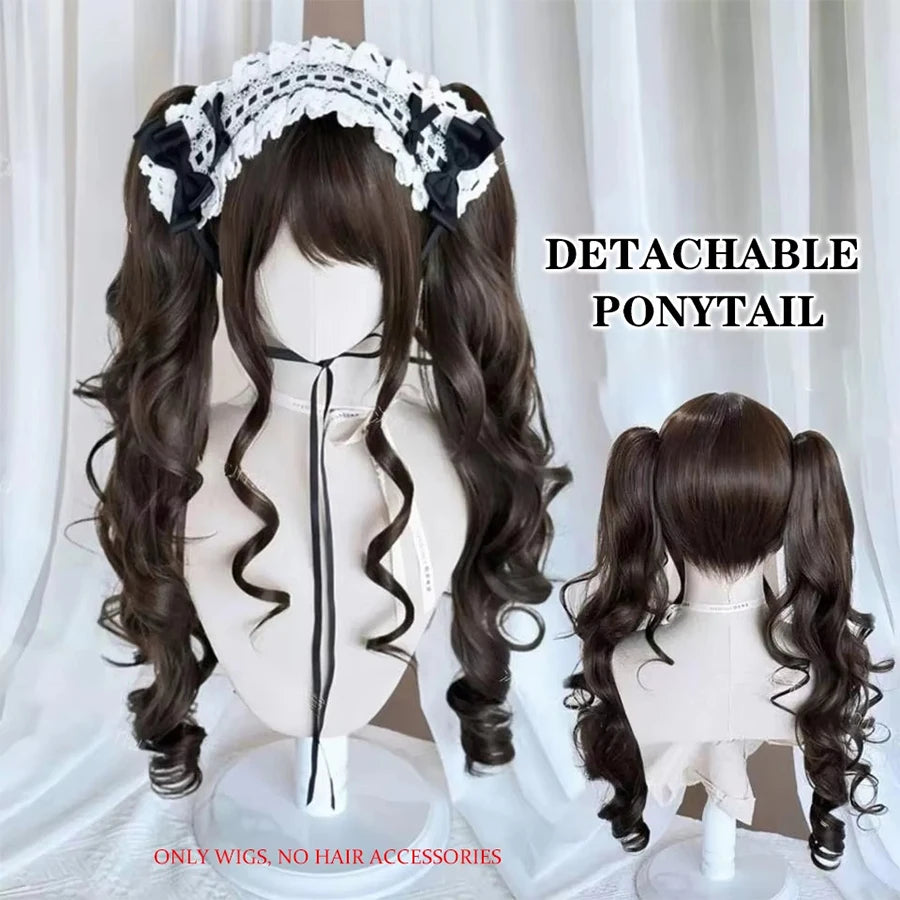 Long Wave Cosplay Wig with Double Ponytail For Women Daily Party Lolita Synthetic Wigs Gold/Chocolate Heat Resistant Hair