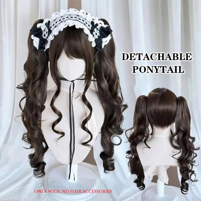 Long Wave Cosplay Wig with Double Ponytail For Women Daily Party Lolita Synthetic Wigs Gold/Chocolate Heat Resistant Hair