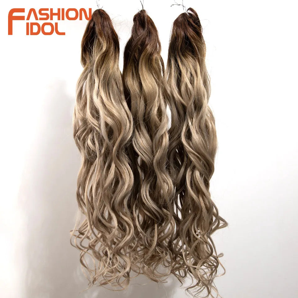 24inch 300g/3pcs Ombre Pink Orange Red Crochet Hair Extensions Total Heat Resistant Synthetic Wavy Braiding Hair