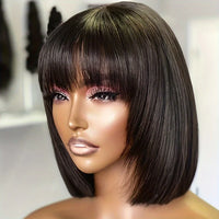 Glueless Straight Bob Wig with Bangs – 100% Human Hair Double Drawn Bob Wig