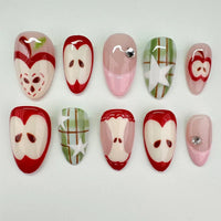 24PCS Wine Red Almond Press-On Nails – Cute Rabbit Bow Plaid Pearl French Fake Nails