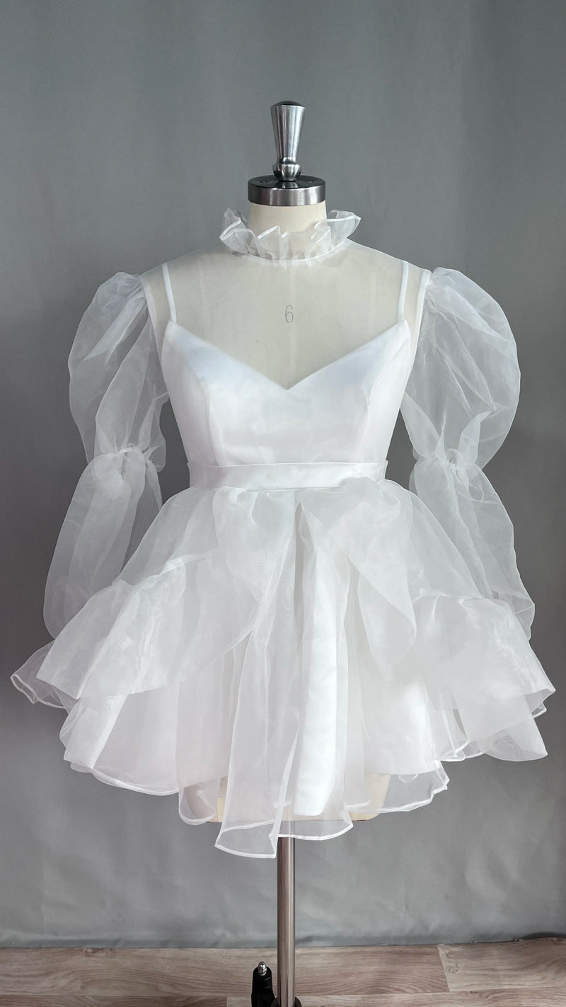 Simple Short Wedding Dress 2023 Long Puff Sleeves High Neck A-Line Mini Tulle Bridal Gowns Knee-Length Formal Vestidos De Novia