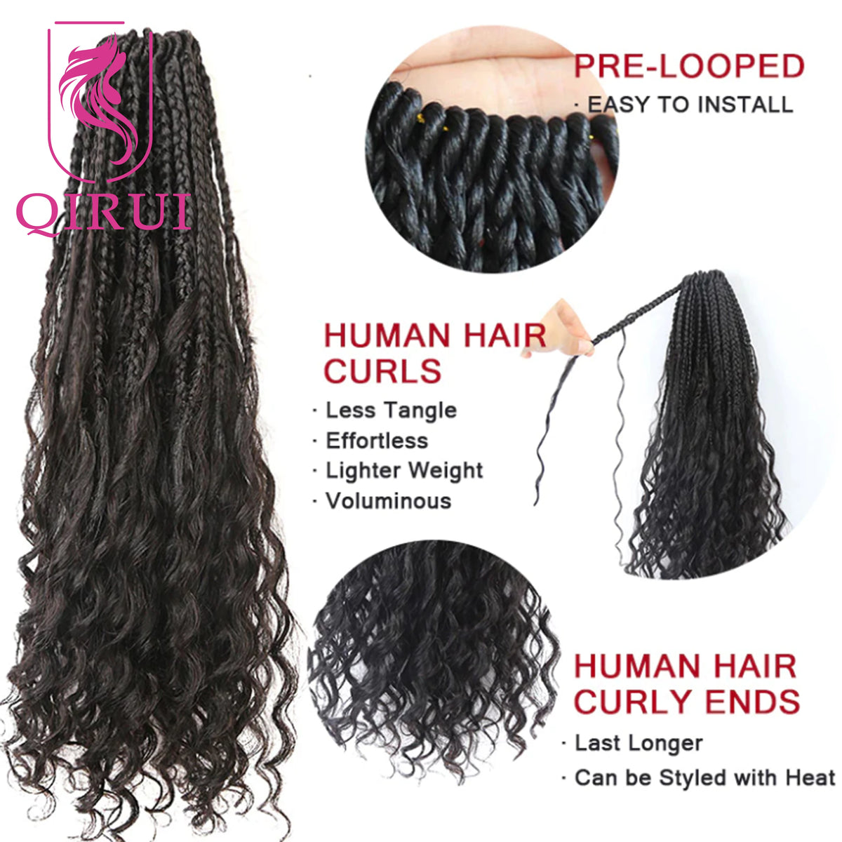 Boho Box Braids with Human Hair Curls – Pre-Looped