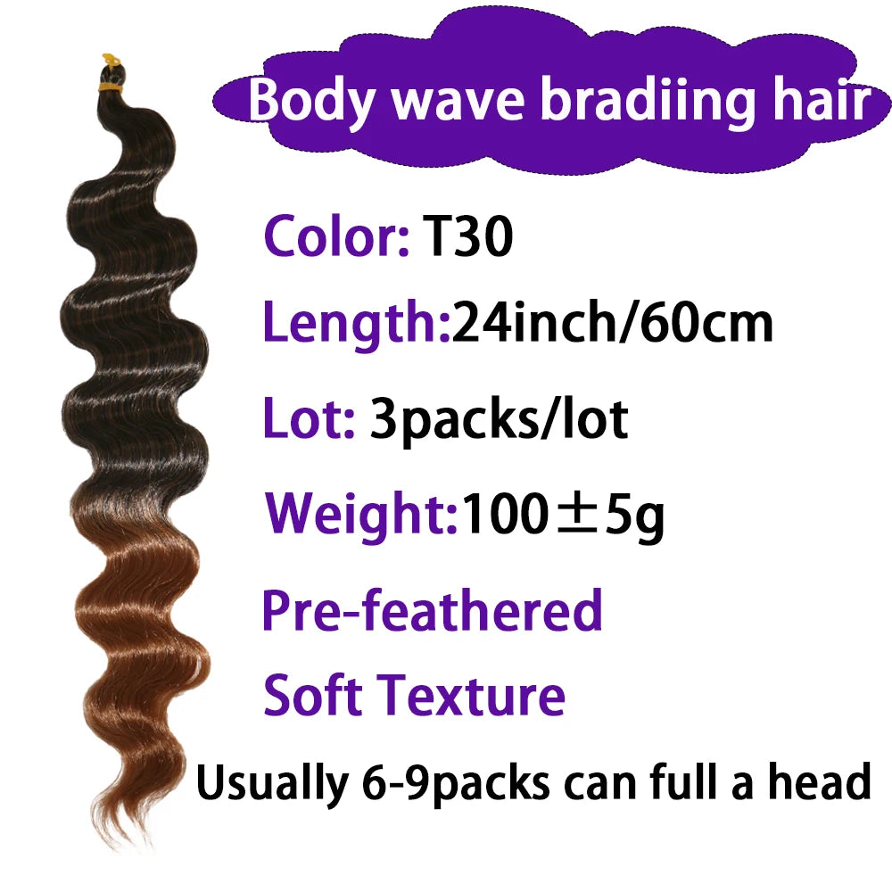 24 Inch Body Wave Braiding Hair French Curl for Goddess Box Braids Crochet Hair Braids Synthetic Hair Extensions（3pcs，T30#）
