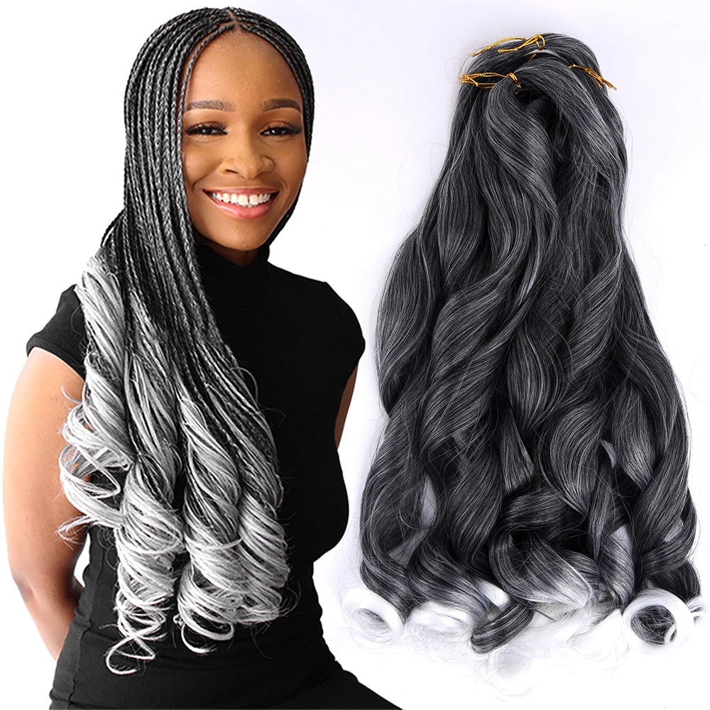 Grey ombre French curl braiding hair on model with matching loose wave crochet hair extensions, silver black gradient