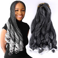Grey ombre French curl braiding hair on model with matching loose wave crochet hair extensions, silver black gradient