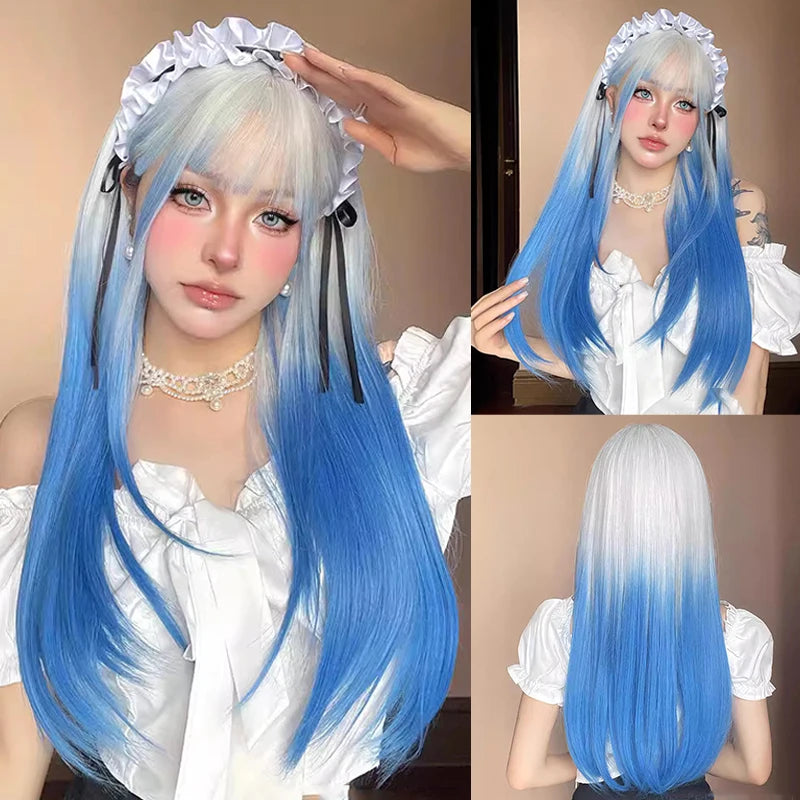 Ombre Light Pink Blonde Long Straight Wig Synthetic Colorful Lolita Cosplay Hair Wigs with Bangs for Women Heat Resistant