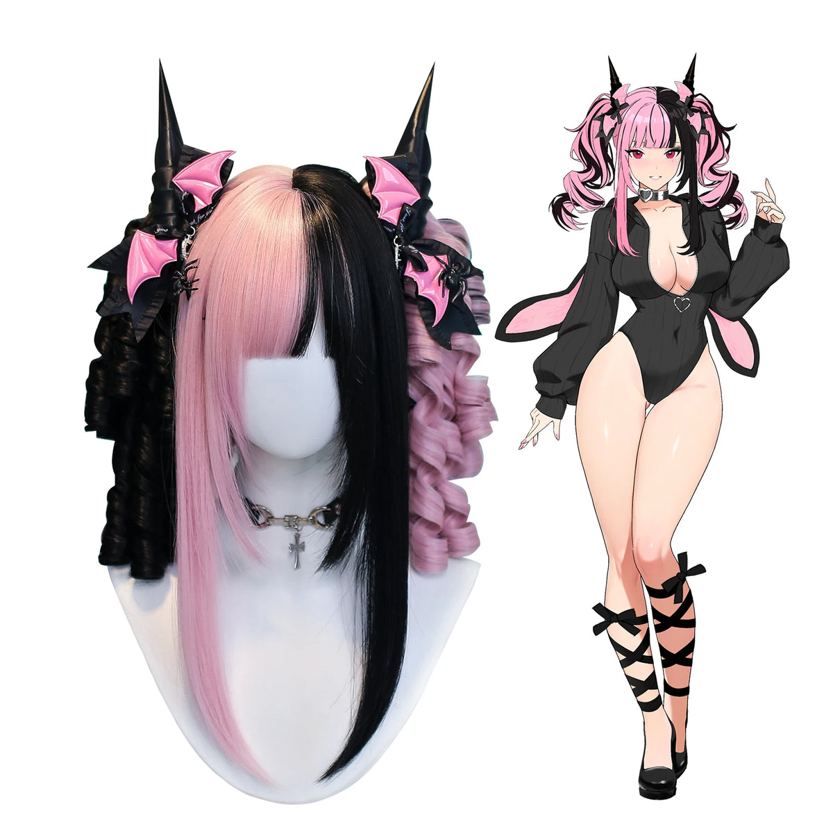 Short Wavy Harajuku Style Cosplay Wig – Black & Pink Synthetic Wig