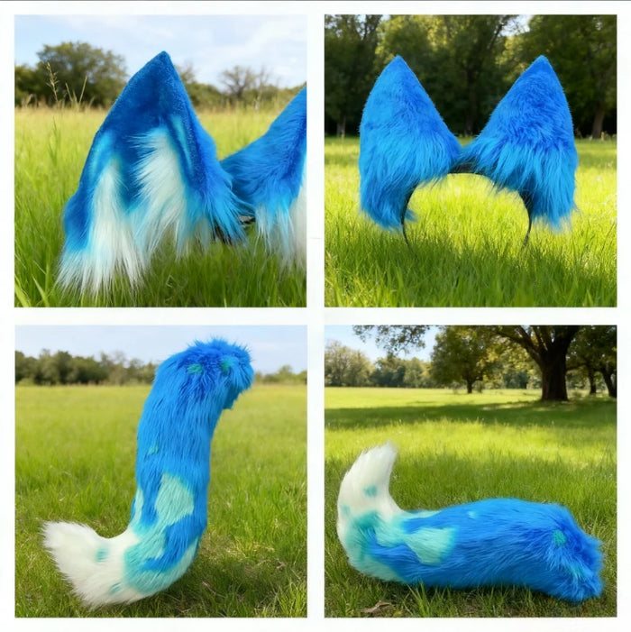 New Hand Made Work Halloween French Blue Wolf King Ears Hairhoop Tail Set Anime DIY Costume Accessories Cosplay Custom Made