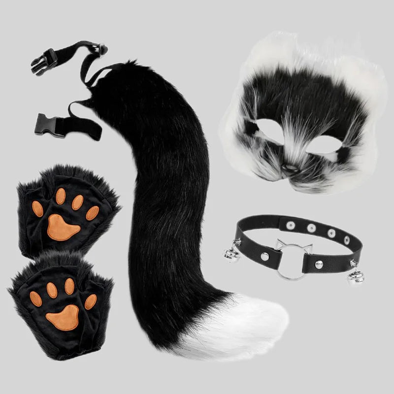 5-Piece Faux Fur Fox Tail Costume Set – Mask, Plush Paw Gloves & Collar for Cat / Wolf Cosplay