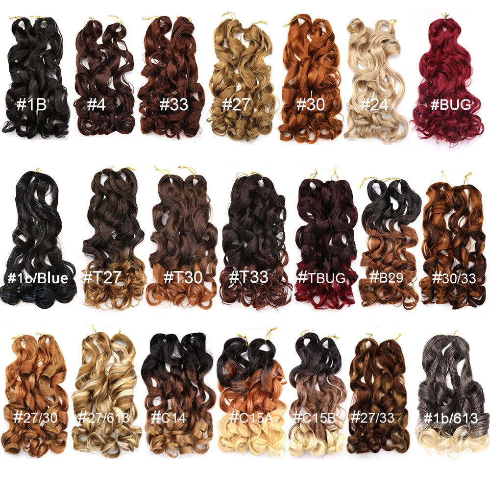 French curl braiding hair color chart with multiple ombre shades, loose wave crochet hair extensions color options
