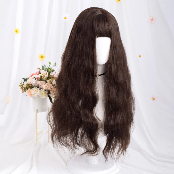 Long Wavy Brown Synthetic Wig with Bangs – Heat Resistant Natural Look Wig for Women, Halloween, Christmas & Daily Wear