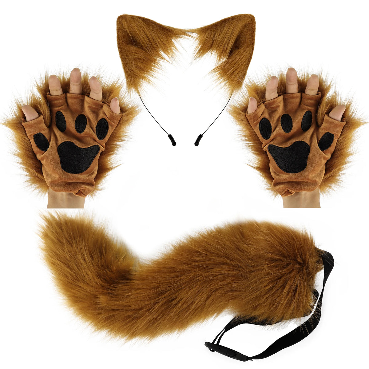 Kawaii Fox Ears & Plush Tail with Cute Paw Set – Soft Anime-Style Cosplay Accessories Kemonomimi Set