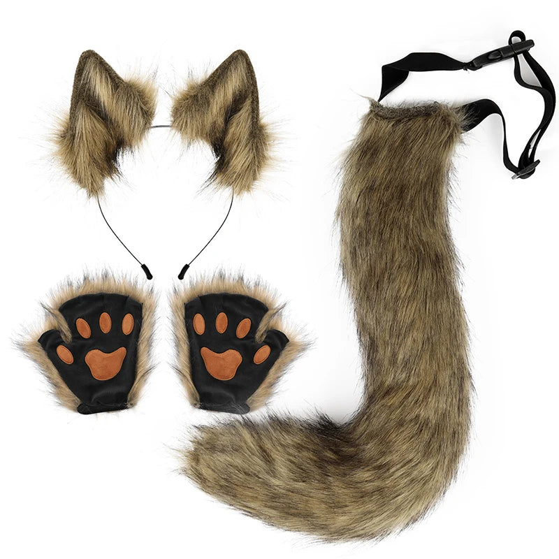 Kemonomimi Fox Ears & Plush Tail with Paw Gloves – Cute Halloween Cosplay Accessories