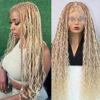Synthetic Full Lace Bohemian Braid Wig 32 Inch Box Braids Goddess Wig With Curly Hair Ombre Blonde Gradation Cornrow Braided Wig