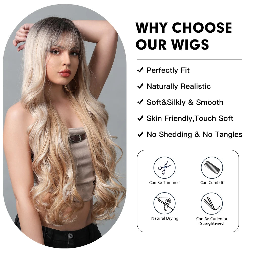 Blonde Highlight Long Synthetic Wig Natural Ombre Mixed Blonde Wig Wavy Wig with Bangs Heat Resistant Daily Use Fiber