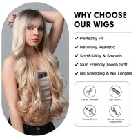 Blonde Highlight Long Synthetic Wig Natural Ombre Mixed Blonde Wig Wavy Wig with Bangs Heat Resistant Daily Use Fiber