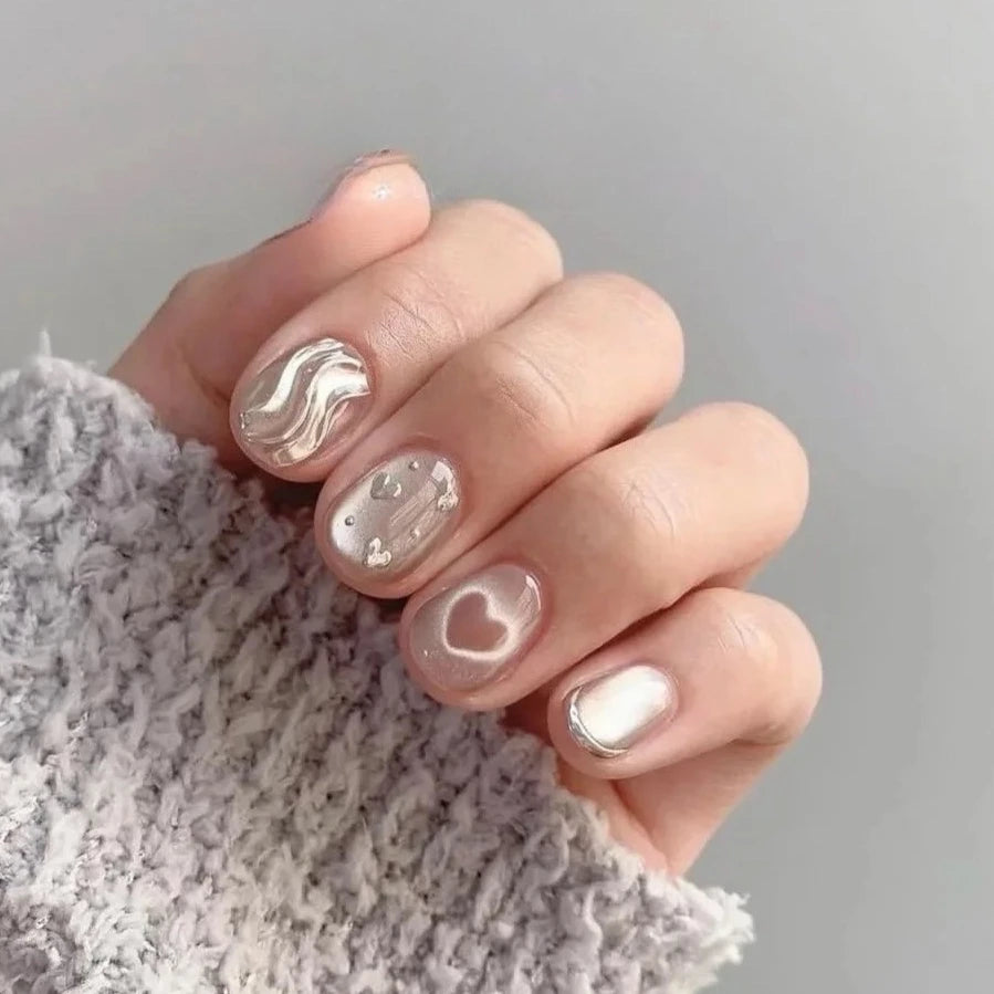 10pcs Sweet Cute Press-On Nails – Blue Nude Short Round Cat Eye False Nails with Butterfly, Shiny Summer Set