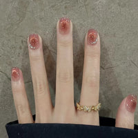 24Pcs Pink Cat Eye Press On Nails – Short Ballet French Style with Bow & Star Designs