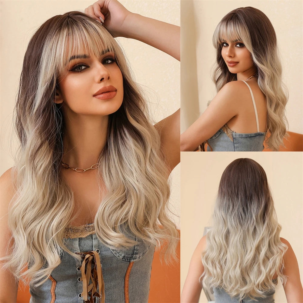 Brown Wavy Wigs for Women with Bangs Long Natural Synthetic Hair Wig Daily Cosplay Heat Resistant