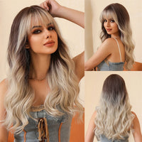 Brown Wavy Wigs for Women with Bangs Long Natural Synthetic Hair Wig Daily Cosplay Heat Resistant