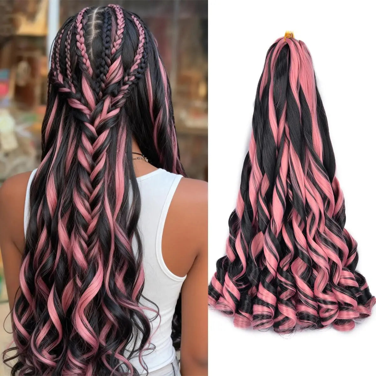 1B/Pink 24" Synthetic French Curly Braiding Hair Pre Stretched Loose Wavy Spiral Curl Crochet Braids Hair Extensions for Women