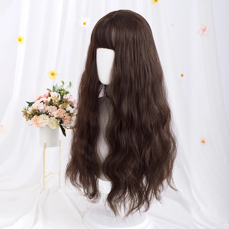 Long Wavy Brown Synthetic Wig with Bangs – Heat Resistant Natural Look Wig for Women, Halloween, Christmas & Daily Wear