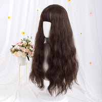 Long Wavy Brown Synthetic Wig with Bangs – Heat Resistant Natural Look Wig for Women, Halloween, Christmas & Daily Wear
