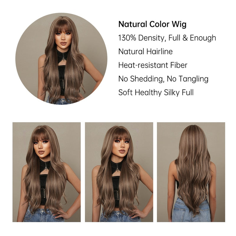 HAIRCUBE Brown Mixed Blonde Synthetic Wigs with Bang Long Natural Wavy Hair Wig for Women Daily Cosplay Use Heat Resistant
